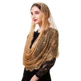 PAMOR Spanish Style Lace Traditional Vintage Inspired Infinity Shape Mantilla Veil Latin Mass Head Covering (Beige)