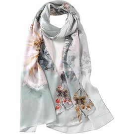 Real Silk Scarf Lightweight Chiffon Shawls And Wraps Sheer For Women Oblong Summer Scarf Versatile Long Strip Thin Silk Shawl (Blue flowers, One size)