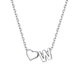 PROSILVER Letter W Initial Necklace for Women, 925 Silver Heart Pendant with Chunky Chain, Dainty Jewellery for Christmas