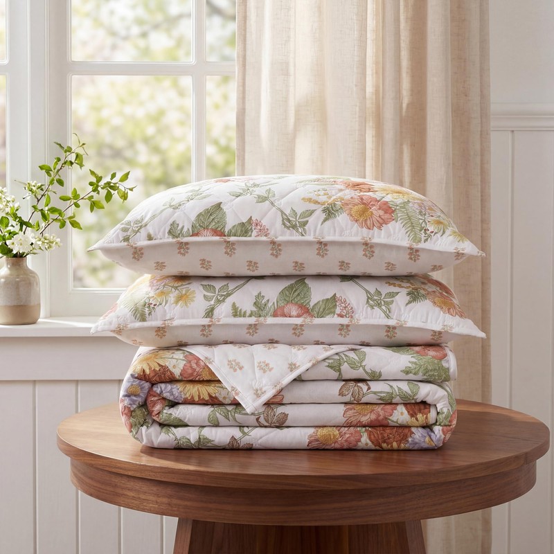 Floral Quilt Set Queen Size, Farmhouse Bedspread Bedding Set with