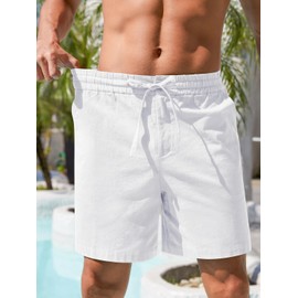 RQP Mens Linen Shorts Casual Drawstring 7inch Inseam Shorts Stretch Summer Beach Wear,White