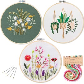 3 Pack Embroidery Starter Kit with Pattern,Kissbuty Full Range of Stamped Embroidery Kits with 3 Pcs Embroidery Fabric with Pattern,1 Pc Bamboo Embroidery Hoop,Color Threads Tools Kit (Plants Flowers)