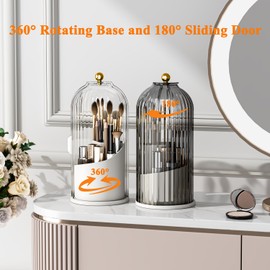 Zufudo Makeup Brush Holder Organizer with Lid 360° Rotating Makeup Organizer Countertop Dustproof Cosmetics Organizer for Vanity Bathroom, Grey White