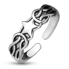 Bungsa Star & Chains Toe Ring Silver Women's Brass (Toe Ring, Foot Jewellery, Toe Ring, Nail Ring, Bendable, Adjustable), Brass, No Gemstone