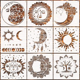 Zubebe 9 Pieces Mandala Sun and Moon Stencil Moon Sun Flower Star Stencil Mandala Sun Moon Stencils Reusable Painting Templates with Metal Open Ring for DIY Scrapbooks Wood Wall Home Painting