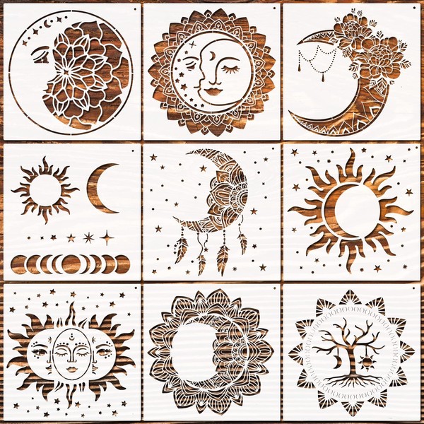 Zubebe 9 Pieces Mandala Sun and Moon Stencil Moon Sun