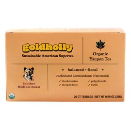 Goldholly Organic Yaupon Tea Bags - Panther Medium Roast, 20 Count | American Organic Tea for Clean No-Jitter Energy & Focus | Caffeine & Theacrine, Smoother than Classic Teas | Gold Holly Yaupon
