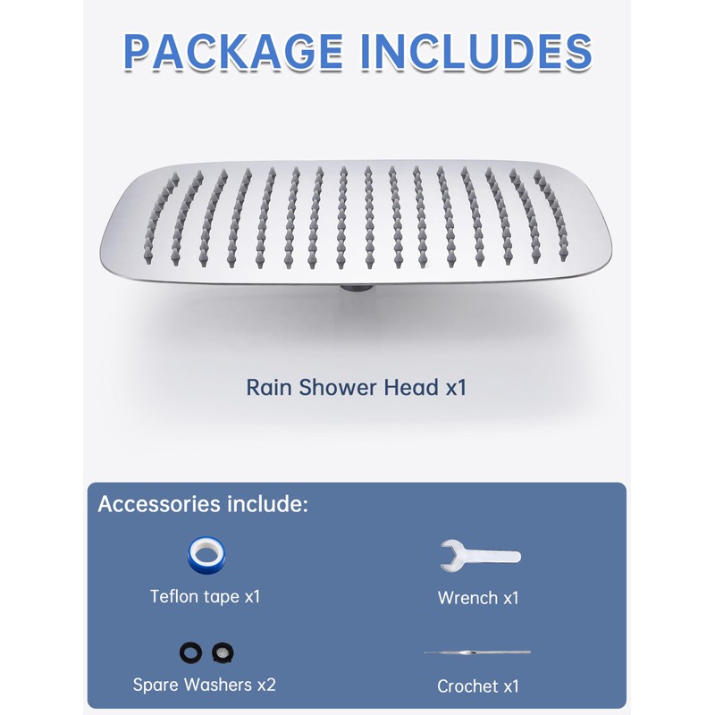 14 Inch All Metal Rectangular Rain Shower Head, Large Rainfall