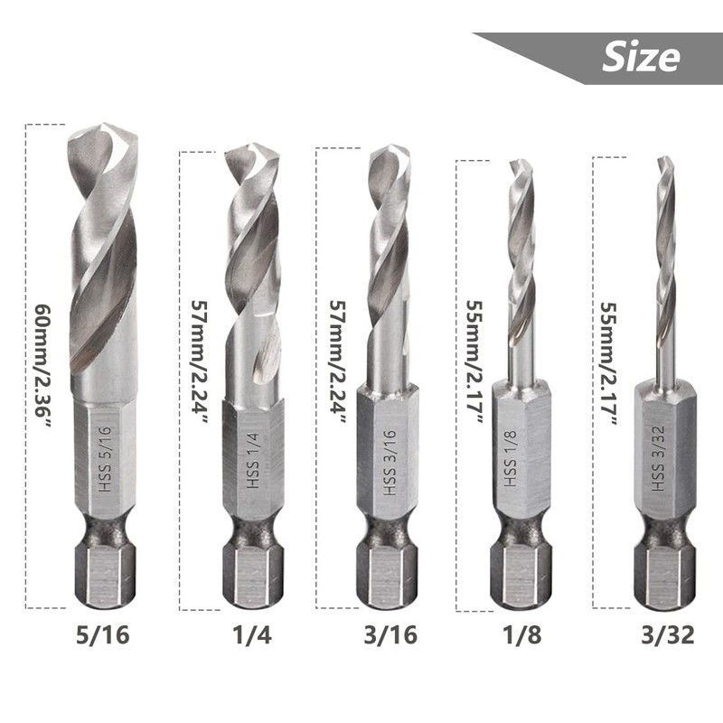 Saipor 5pcs 1/4" Quick Change Hex Shank Metal Stubby Drill