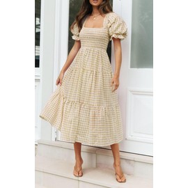 ZESICA Women's 2025 Bohemian Summer Plaid Square Neck Puff Sleeve Ruffle Flowy Beach Midi Dress,Beige,Large