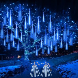 EXF 2-Pack Christmas Decorations Lights Outdoor, Meteor Shower Lights 16 Tubes 384 LEDs Indoor Outdoor Rain Drop String Lights for Xmas Tree Roof (Blue)
