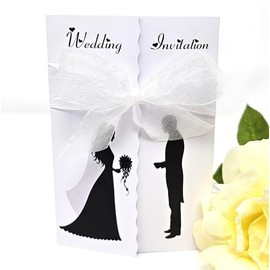 Pack of 10 Silouette Wedding Invitations with ribbon and envelopes- Gatefold style! (BLACK/WHITE)