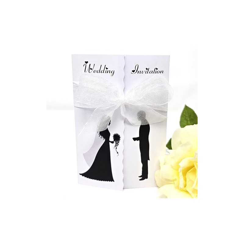 Pack of 10 Silouette Wedding Invitations with ribbon and envelopes-