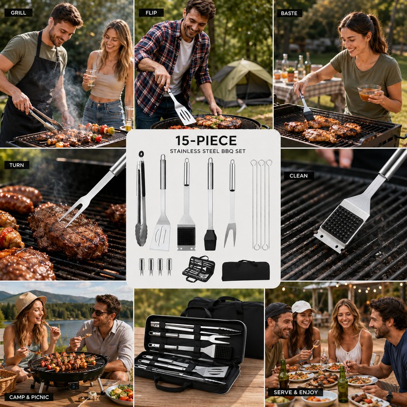 15pcs Stainless Steel BBQ Grill Tool Set for Outdoor Cooking
