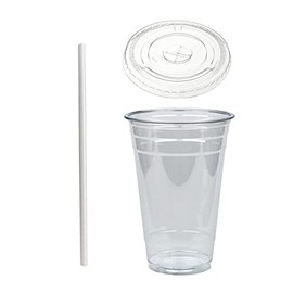 DHG PROFESSIONAL Disposable 20 oz Plastic Crystal Clear Cups with Flat Lids and Paper Straws - For Summary Beverage, Party, to-go (50)