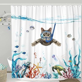 Fowocu Funny Cat Shower Curtain Set Teal Blue Sea Ocean Waterproof Fabric Curtains with Animal Octopus Starfish Turtle Anchor Fish Nautical Bathroom Decor (Blue, 72''×72'')