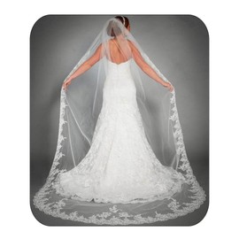 Yalice Cathedral Applique Bride Wedding Veil Long Chapel Length 1 Tier Bridal Veil Lace Soft Tulle Hair Accessories 118'' (White)
