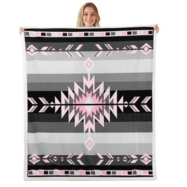 Southwest Native American Design Sherpa Blanket 40"x50" - Southwestern Geometric Fleece Throw for Kids, Boys, Girls - Tribal Pink Grey Black Plush Modern Art Fuzzy Decor