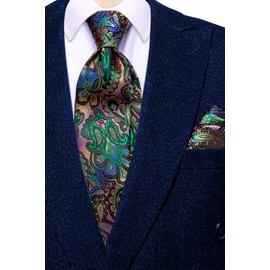 Hi-Tie Peacock Blue Extra Long Mens Ties Set 63'' Silk Paisley Ties for Men Necktie and Pocket Square Cufflink for Party