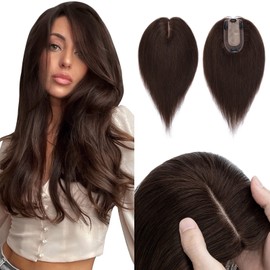 Hairro 100% Real Human Hair Toppers for Women No Bang, Clip in Real Hairpieces, Breathable Silk Base for Covering Greyish Thinning Hair Loss on Top, 10 Inch Dark Brown