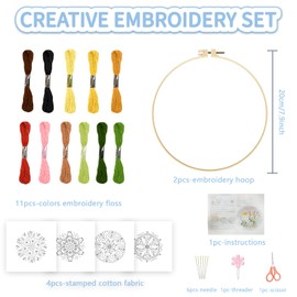 FREEBLOSS 4 Set 8'' Embroidery Kit for Beginners Mandala Pattern Embroidery Kit with Instructions Full Kit of Embroidery Cloth 2 Embroidery Hoops 11 Colors Flosses