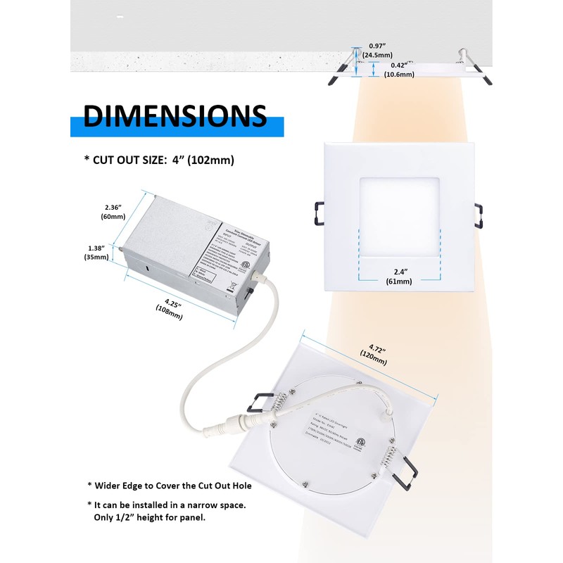 POPANU Recessed Lighting 4-inch Square-LED - Canless Recessed Light Fixture,