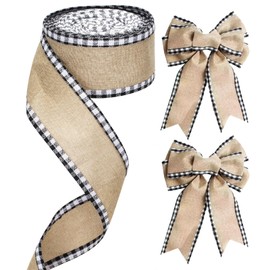 G2PLUS 63mm Wired Burlap Ribbon, 10M Plaid Burlap Ribbon, Natural Black Gingham Ribbon, Christmas Buffalo Plaid Ribbons, Craft Checked Ribbon for Bows and Christmas Wreaths Project
