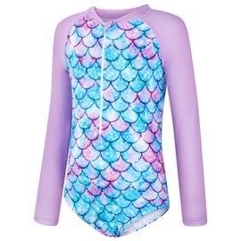 JiAmy Girls Swimsuits - One Piece Bathing Suit, Long Sleeve Zipper UPF 50+, Quick Dry Beach Swimwear for Kid 4-12 Years, Purple Mermaid, 8-9 Years
