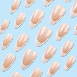 French Tip Press on Nails Short Almond Fake Nails Press ons Chrome False Nails with Designs Glossy Full Cover Acrylic Glue on Nails Cute Artificial Stick on Nails for Women Manicure Decoration 24Pcs