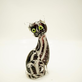 CRISTALICA Glass Cat Figurine Height Approx. 20 cm Black/Grey/Transparent Handmade