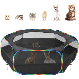 Pawaboo Small Animals Playpen, Waterproof Small Pet Cage Tent with Zippered Cover, Portable Outdoor Yard Fence with 3 Metal Rod for Chick/Kitten/Puppy/Guinea Pig/Rabbits/Hamster, Black + Rainbow