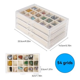 Dmnnlp Display Case for Small Rock, 3 Drawers 54 Grids(3x3.5cm), Acrylic Rock Storage Cases for Gemstone Fossil Small Crystal Stone Jewellery Collectibles (Beige)