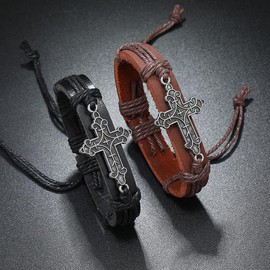 SBI Jewelry Cross Bracelets for Men Faith Bracelets Adjustable Leather Wristbands for Men Jewellery Gifts for His Birthday