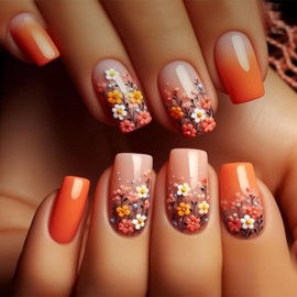 24 Pcs Flower Press on Nails Short Square Shaped False Nails Glossy Orange Fake Nail with Colorful Floral Design Full Cover Gradient False Nails Acrylic Stick on Nail for Women DIY Manicuare