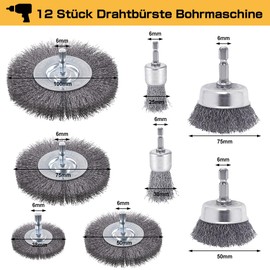 12 Stück Drahtbürste Bohrmaschine, 6mm Drahtbürste Akkuschrauber mit Sechskantstange Drahtbürsten Set, Stahlbürste Akkuschrauber für Schleifen, Polieren, Entrosten, Reinigen und Vibrationsdämpfen