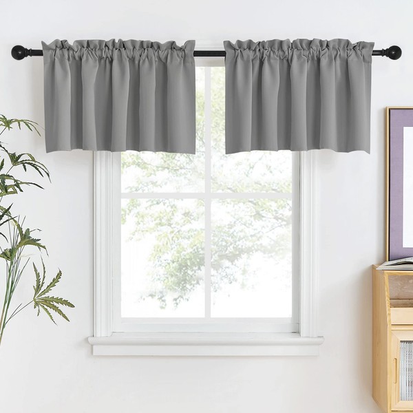 NICETOWN Silver Grey Valances for Windows, Rod Pocket Window Valances for Bathroom, Living Room, Short Blackout Valance Curtains (42 Inch Wide x 18 Inch Long, 2 Panels)