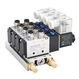 Baomain 4 Station Solenoid Valve Manifold, 12V DC 5 Way 2 Position Pneumatic Air Valve, Four Solenoid, 1/4" PT Port, Includes Manifold Base & Mufflers, 4V210-08