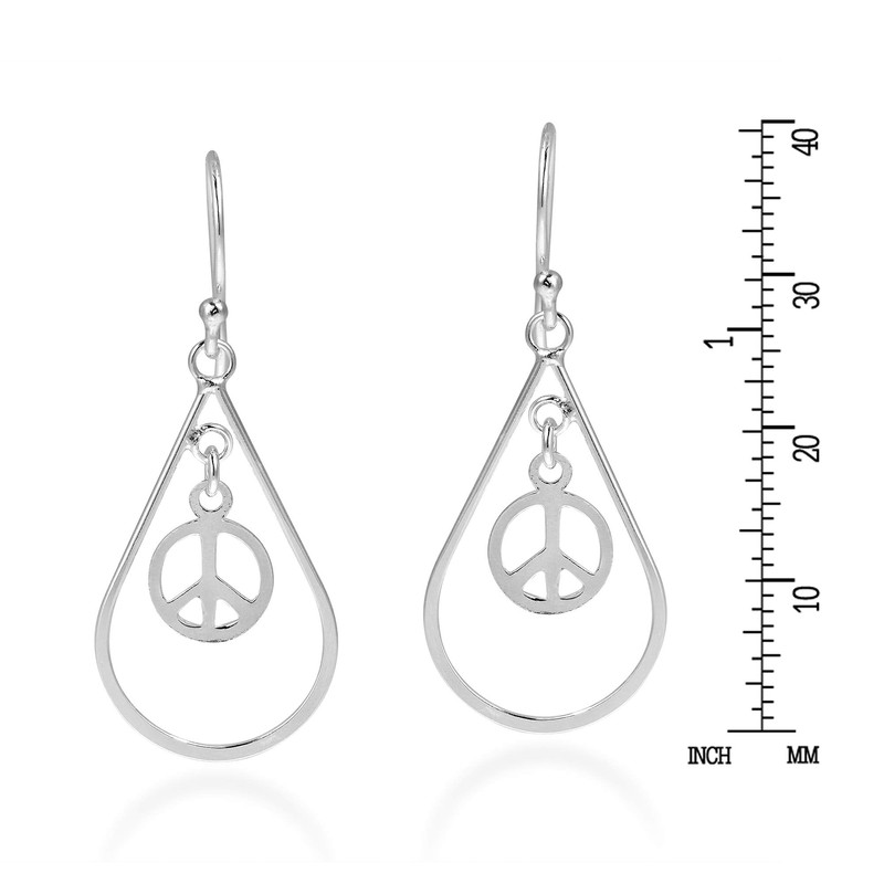 Teardrop Peace Sign Symbol 925 Sterling Silver Dangle Earrings, Sterling