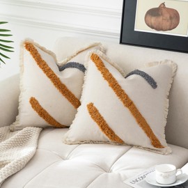 Oirpro Yellow and Grey Pillow Covers 18x18 Raised Tufted Striped Fall Pillow Covers with Fringe Decorative Farmhouse Boho Throw Pillow Covers for Couch Sofa Bed Living Room Set of 2