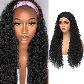 Alicoco Headband Wig Curly Headband Wigs for Women 180% Density Water Wave Glueless Wig Synthetic half Wig with Headbands Attached (26 Inch, 2#)