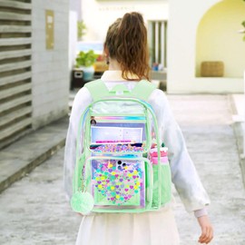 AGSDON 3PCS Clear Backpack for Girls,Transparent Bookbag Heavy Duty, Cute See Through Backpacks with Lunch Bag——Green love