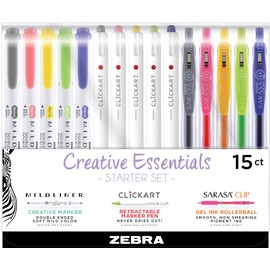 Zebra Pen Creative Essentials Starter Set, Includes 5 Highlighters, 5 Markers and 5 Sarasa Clip Retractable Gel Pens, Assorted Ink Colors, 15-Pack (76115)