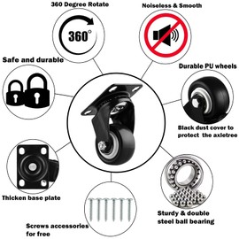 2" Casters Set of 8 Heavy-Duty Industrial Caster Wheels without Brake PU Wheels Double Ball Bearing Swivel Casters Noiseless for Workbench, Furniture, Plate Castors Black