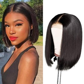 Human Hair Wig, 4x4 Lace Front Wig, Human Hair, Bob Straight Wig for Women, Real Hair, Pinch Natural Brazilian Short Wigs, Human Hair, 150% Density, Natural Black Colour, 12 Inches