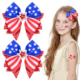 Beleki 4th of July Hair Bow for Girls, 2 Pcs Red White Blue American Flag Hair Bow Clips Patriotic Stars Stripes Hair Clip Sparkly Hair Accessories for Independence Day Fourth of July