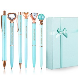 Yeaqee 6 Pcs Inspirational Pen Set for Women Gift Diamond Pens with Crystal Motivational Ballpoint Pen with Gift Box Nurse Teacher Wedding Graduation Mother Day Gift Supplies(Blue)