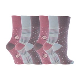 6 Pairs Ladies GG01 Flower Stripes Spots Design Cotton Gentle Grip Socks