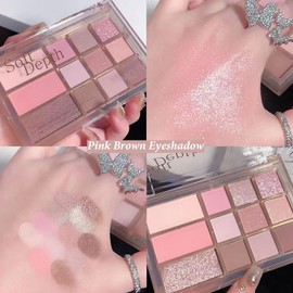 Pink Eyeshadow Palette, Nude Pink Matte Shimmer Glitter Eye Shadow Pallets for Women, 12 Colour Natural Long Lasting Highly Pigmented Pink Brown Eyeshadow Blush Make-Up Palettes