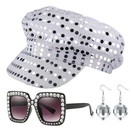 SSKHE 70s Disco Hat Set,3PCS Sequin Hat Silver Disco Hat with vintage disco sunglasses earrings,disco costume accessories,Silver Glitter Abba Hats Costume Accessories Kit for Adult Women Theme Party