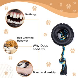 Wagably Tire Dog Toy with Cotton-Poly Rope - Rubber Toy for Extreme Chewers - Interactive Fun Play for Aggressive Chewers for Medium and Large Dogs - Safe and Durable Rope Tug Chew Toy for All Breeds